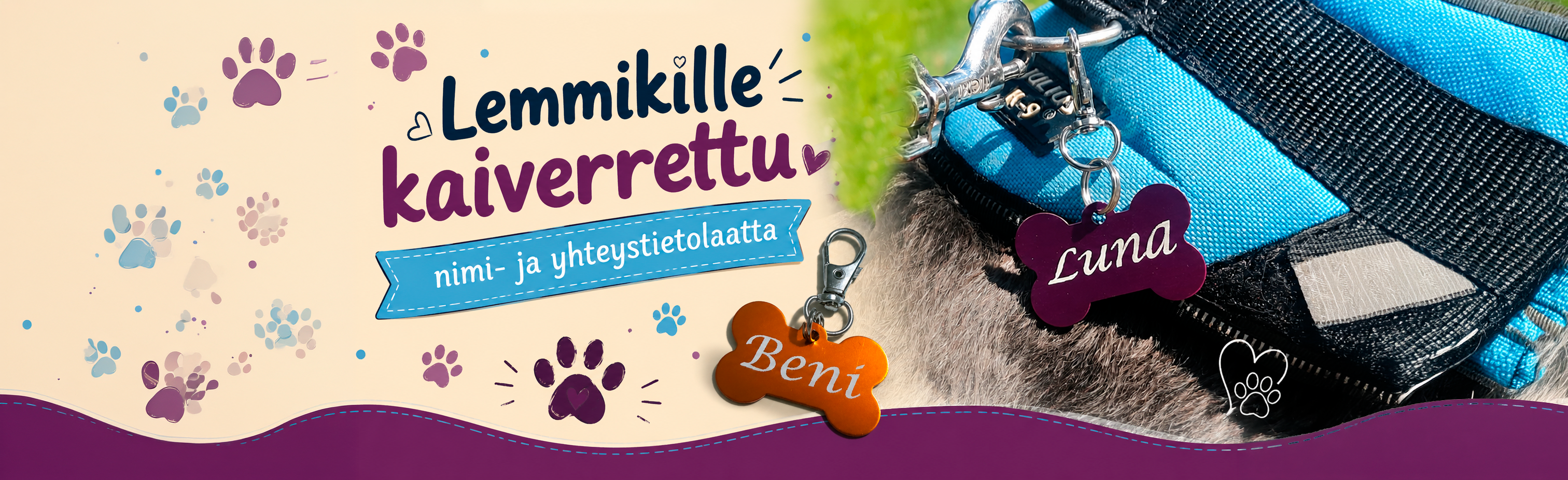 Nimi- ja yhteystietolaatat lemmikille kaiverruksella